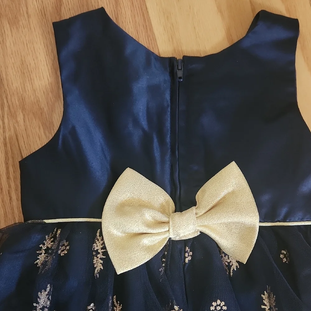 Rare Editions Navy and Gold Dress with Plush Shrug Diaper Cover Panty 24 Months